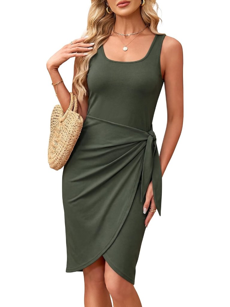 Women's Green Trendy Sleeveless Slim Fit Tie Waist Tank Sundress Beach Outfits